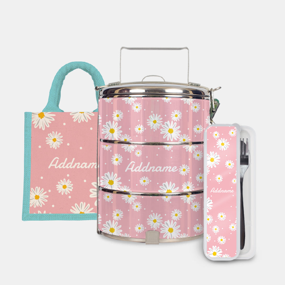 Daisy Series Half Lining Lunch Bag, Standard Tiffin Carrier And Cutlery Set - Blush Light Blue