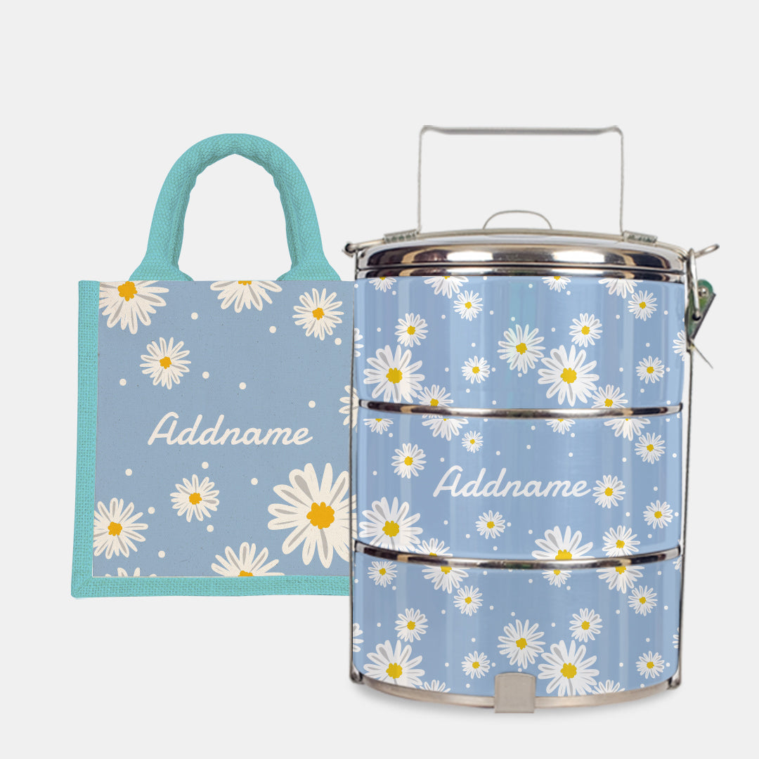 Daisy Series Half Lining Lunch Bag Wtih Standard Tiffin Carrier - Frost Light Blue