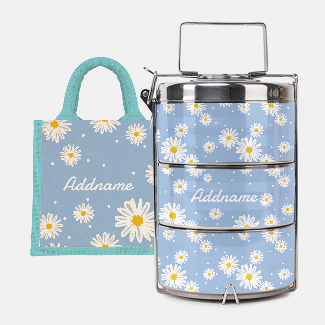 Daisy Series Half Lining Lunch Bag Wtih Premium Tiffin Carrier - Frost Light Blue
