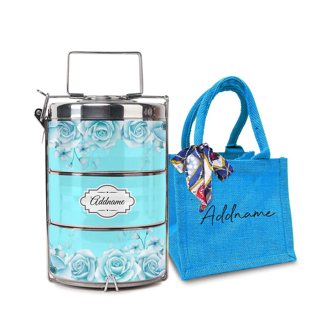 Full Turquoise Rose Tiffin Carrier