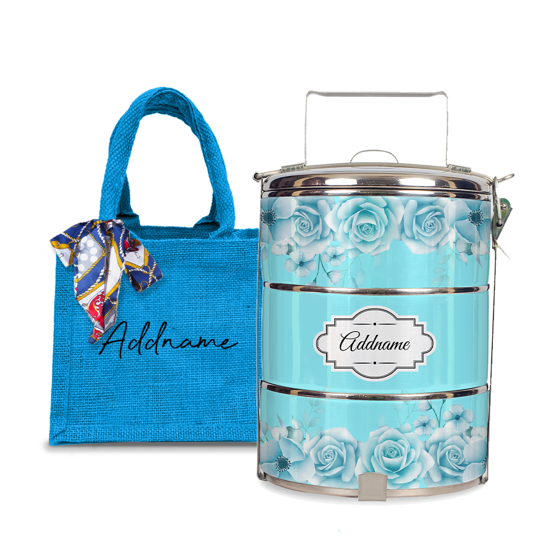 Full Turquoise Rose Tiffin Carrier
