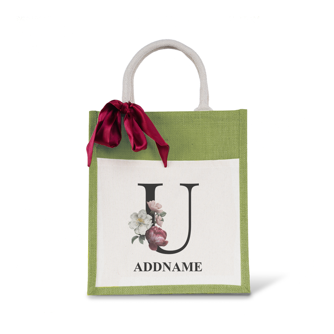 Myra Floral Series Olive Green Colourful Jute Bag With Front Pocket