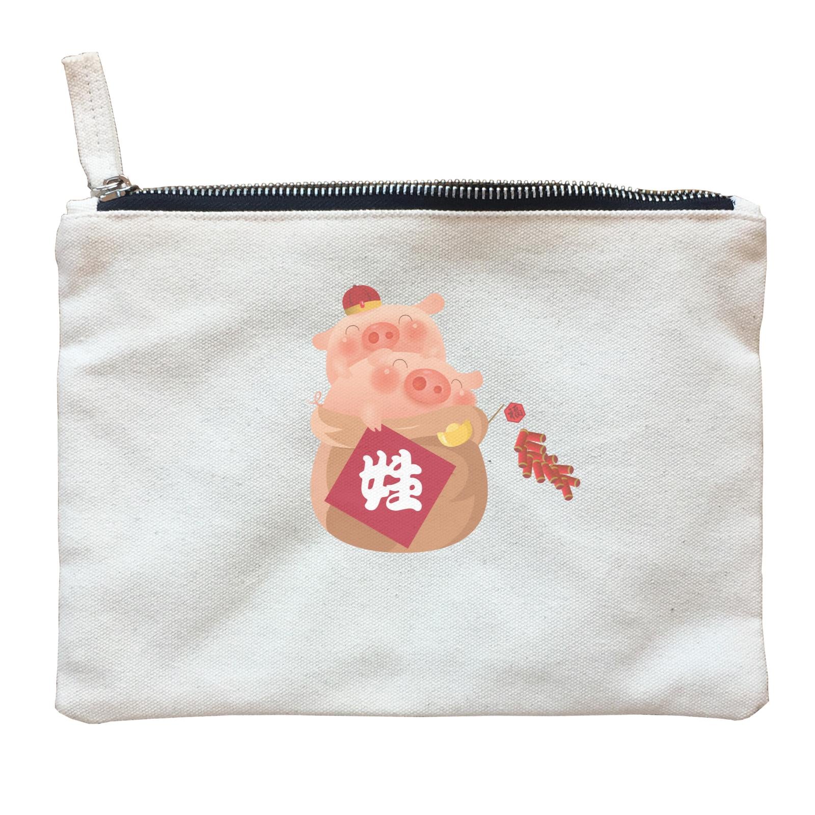 Chinese New Year Pig Group in Bag Add Surname Zipper Pouch