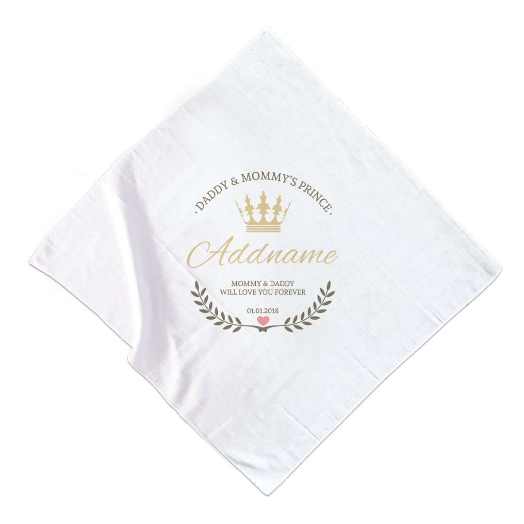 Daddy and Mommy's Prince with Crown Wreath Personalizable with Name Text and Date Muslin Square
